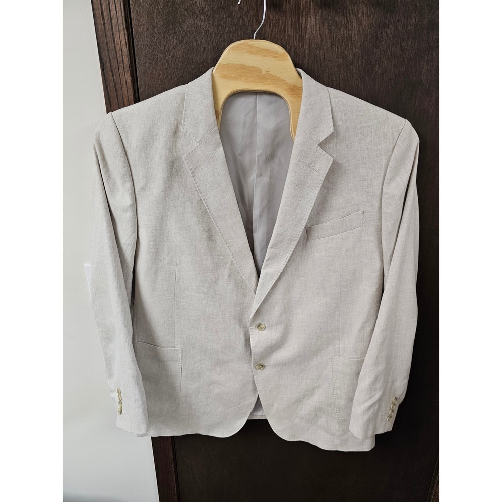Stafford Mens 52R Classic Fit Linen Cotton Herringbone Blazer Sport Coat Beige